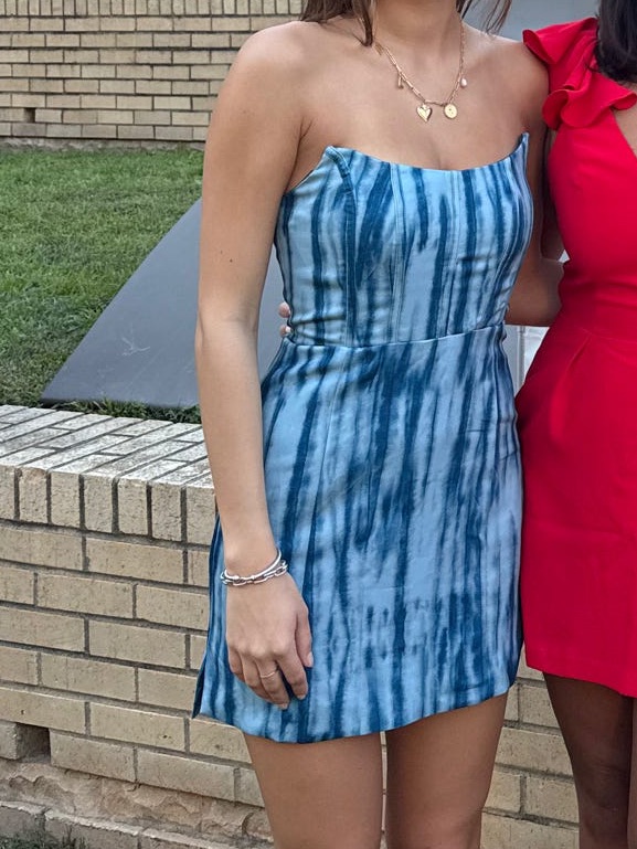 Blue Tie-Dye Strapless Mini Dress Rnwy